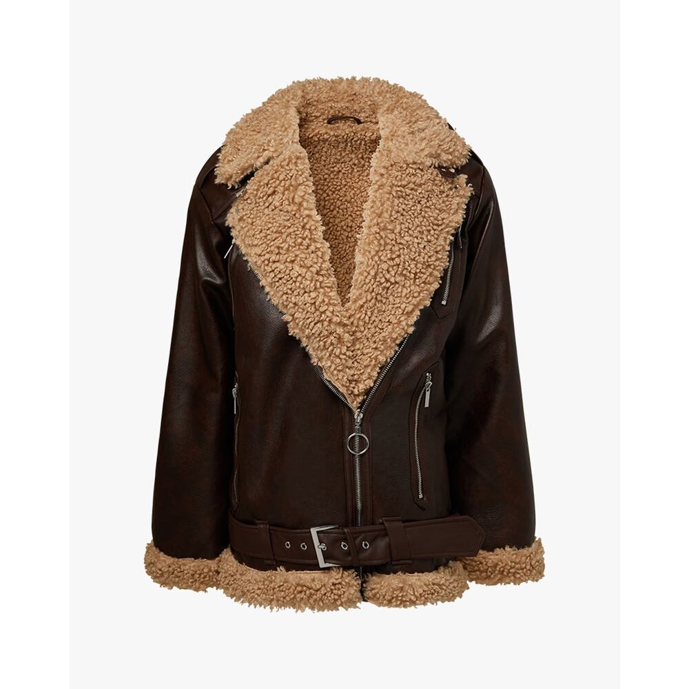 Weworewhat Oversized Brown Faux Sherpa Moto Jacket Size S